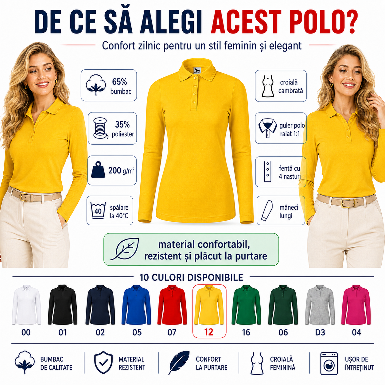 Bluză polo damă cu m&acirc;necă lungă Malfini, croială cambrată, guler polo și 10 culori disponibile